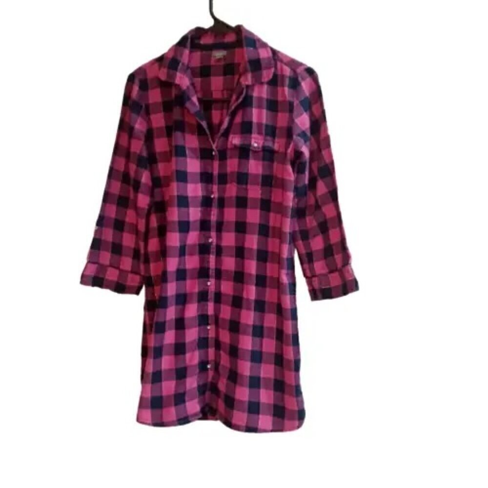 Aerie Flannel Shirt Women's XS Pink Black Plaid 3/4 Sleeve Button Up Long Tunic